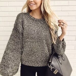 Women’s Small Leith Metallic Gray Balloon Long Sleeve Sweater